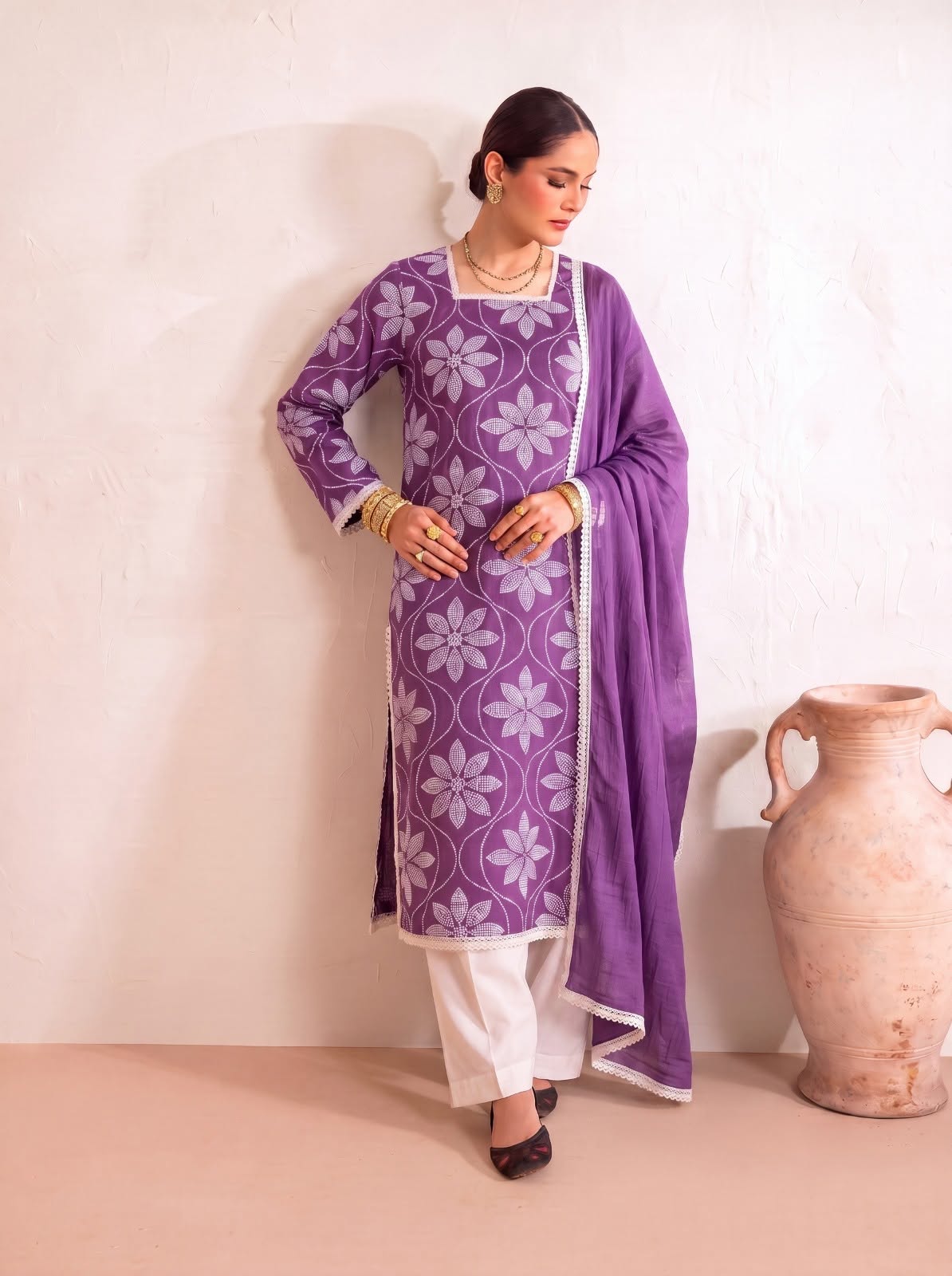 Purple Floral Paste Print Lawn Pret Dress 3 Piece