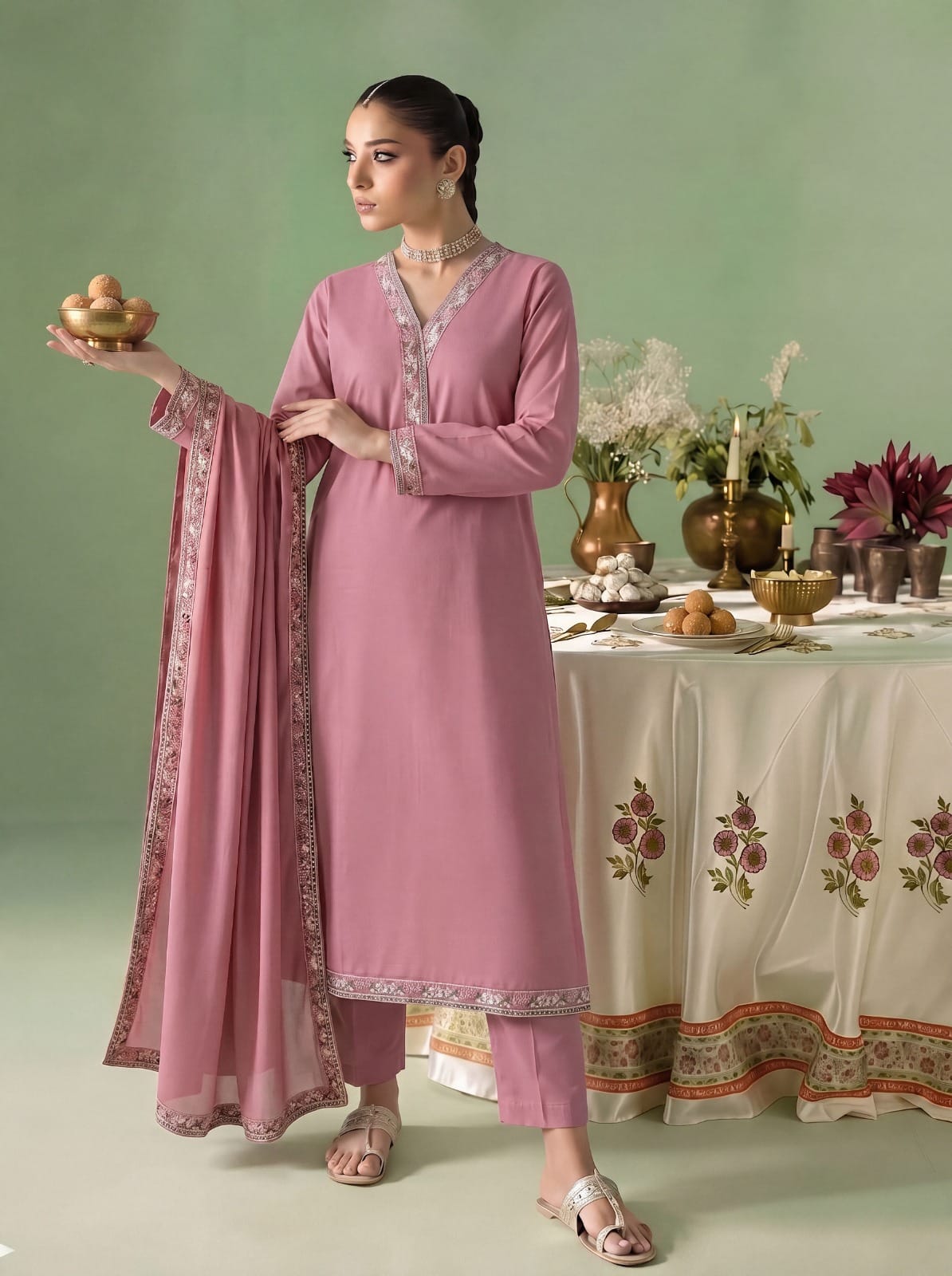 Blush Rose Embroidered Lace Work Pret 3-Piece Suit with Ready-to-Wear Bamber Chiffon Dupatta