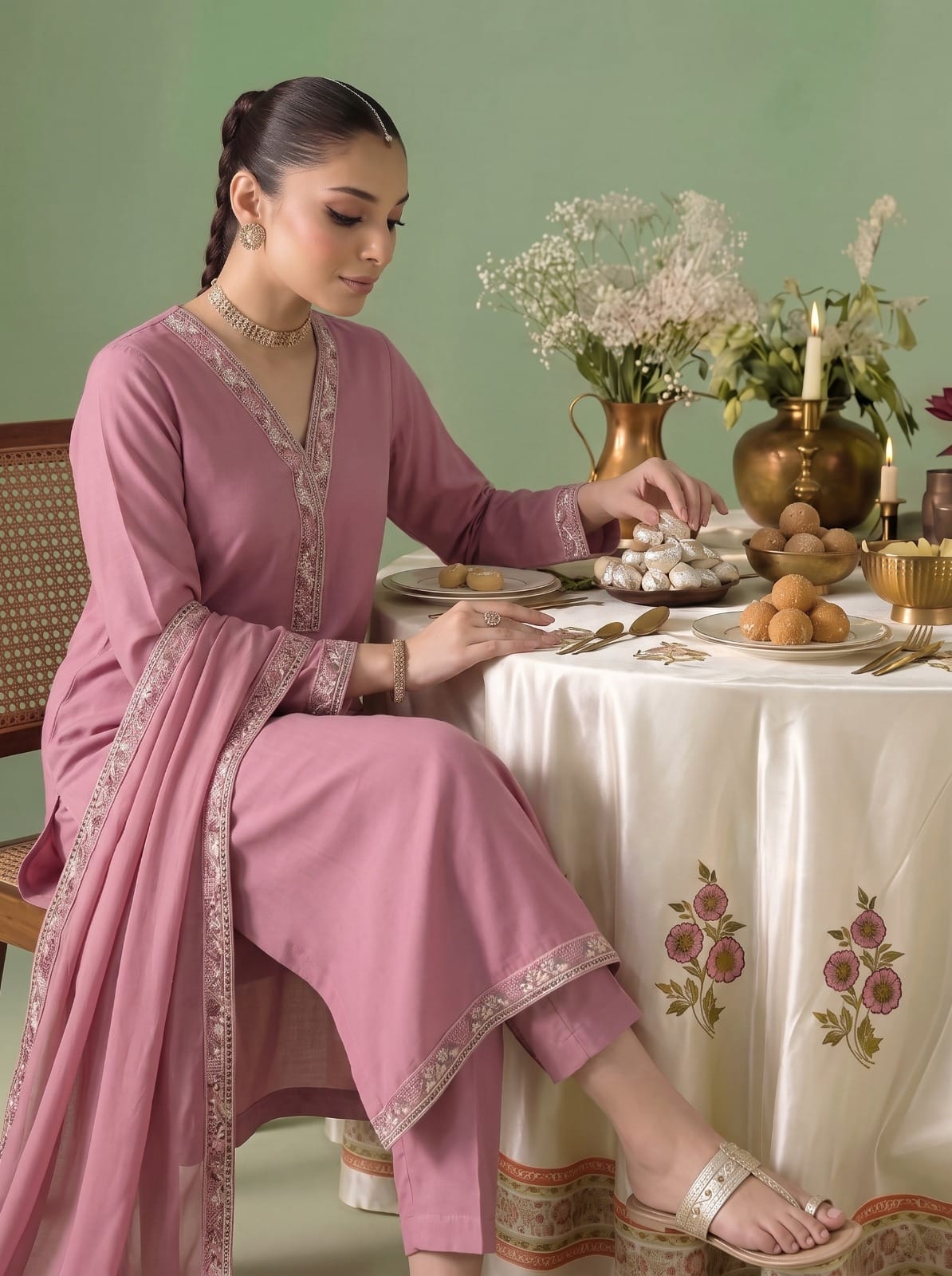 Blush Rose Embroidered Lace Work Pret 3-Piece Suit with Ready-to-Wear Bamber Chiffon Dupatta