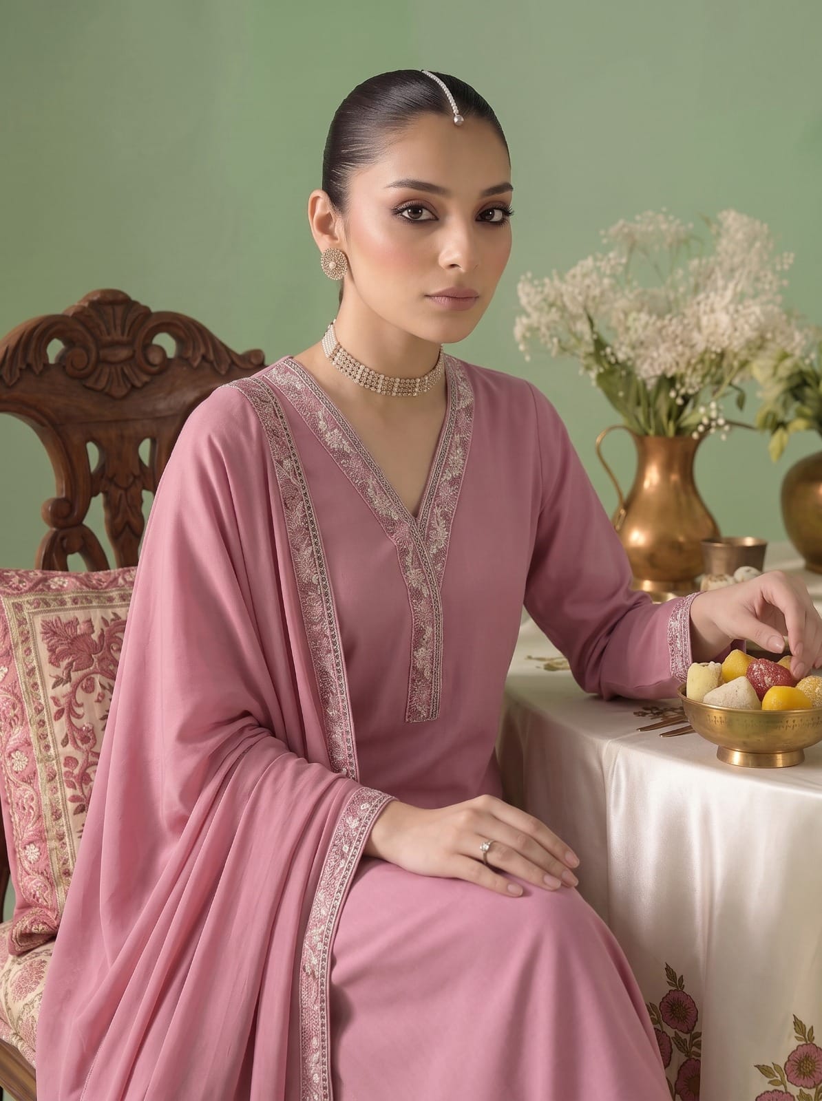 Blush Rose Embroidered Lace Work Pret 3-Piece Suit with Ready-to-Wear Bamber Chiffon Dupatta