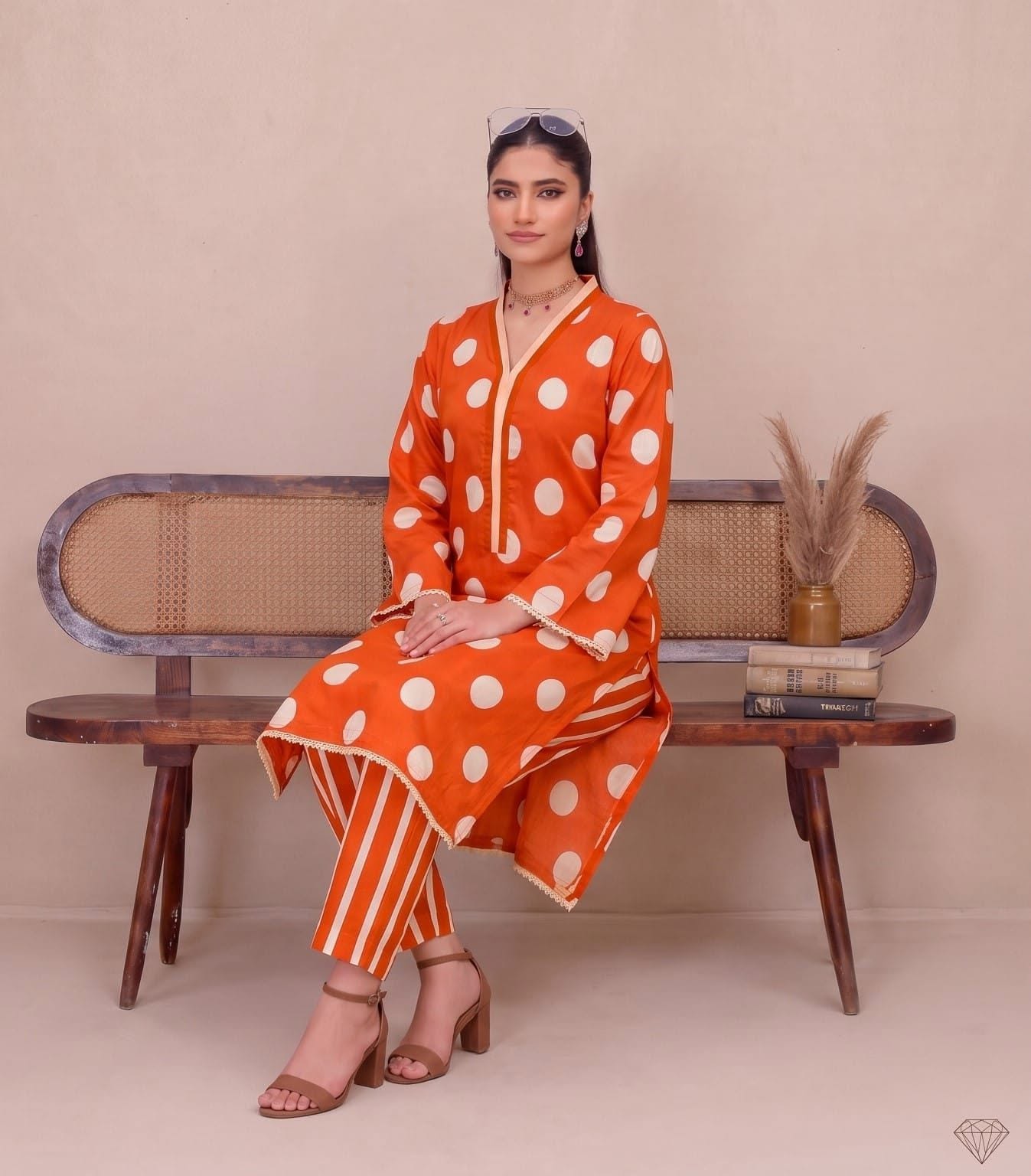 Sunset Orange Polka Dot Printed 2-piece