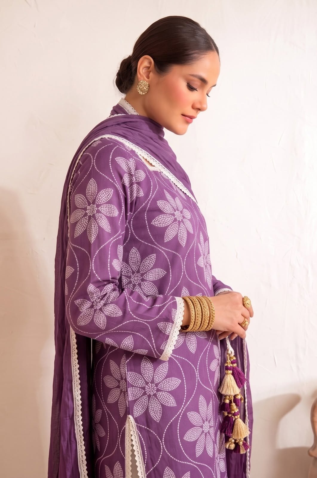Purple Floral Paste Print Lawn Pret Dress 3 Piece