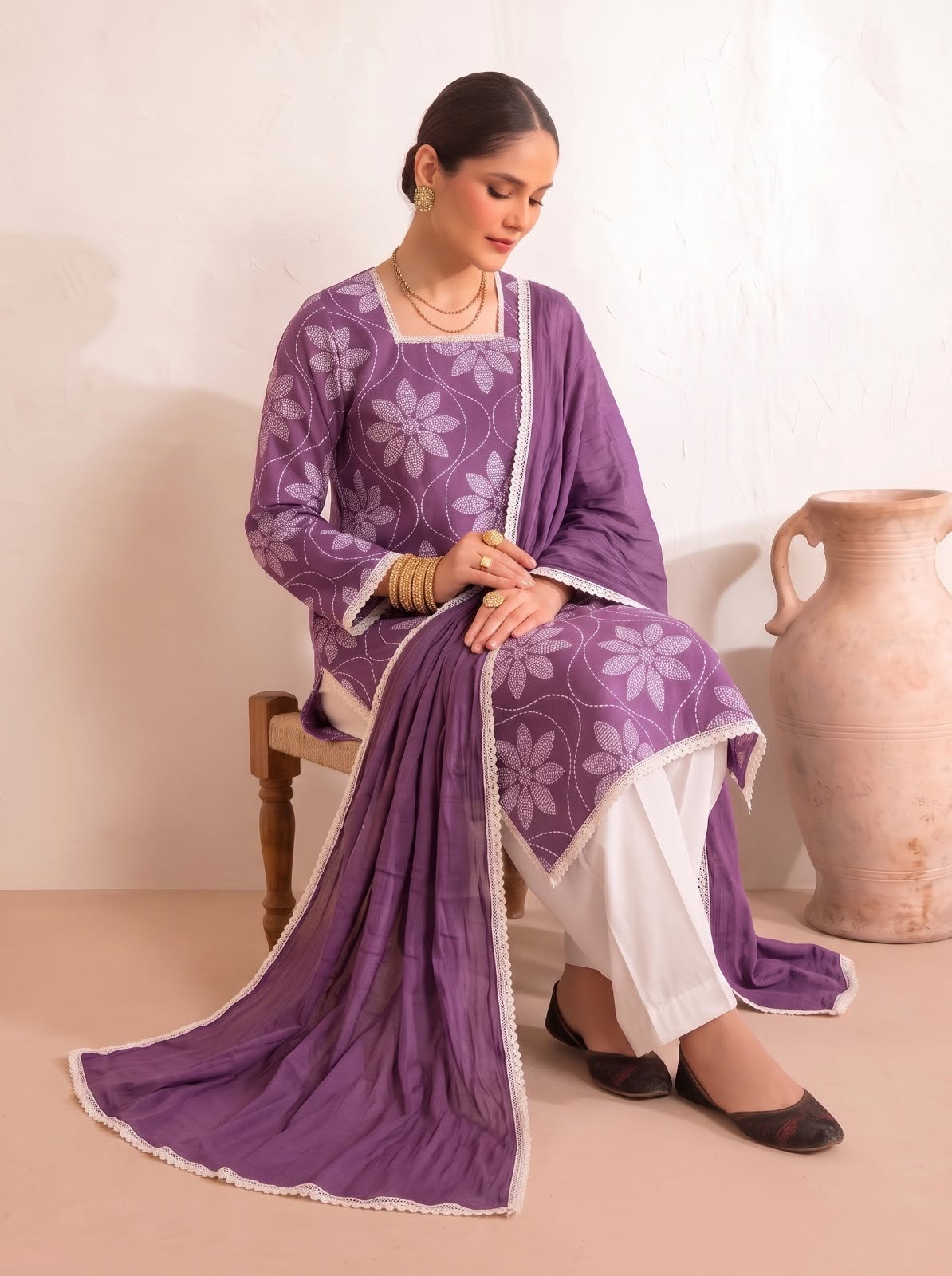 Purple Floral Paste Print Lawn Pret Dress 3 Piece