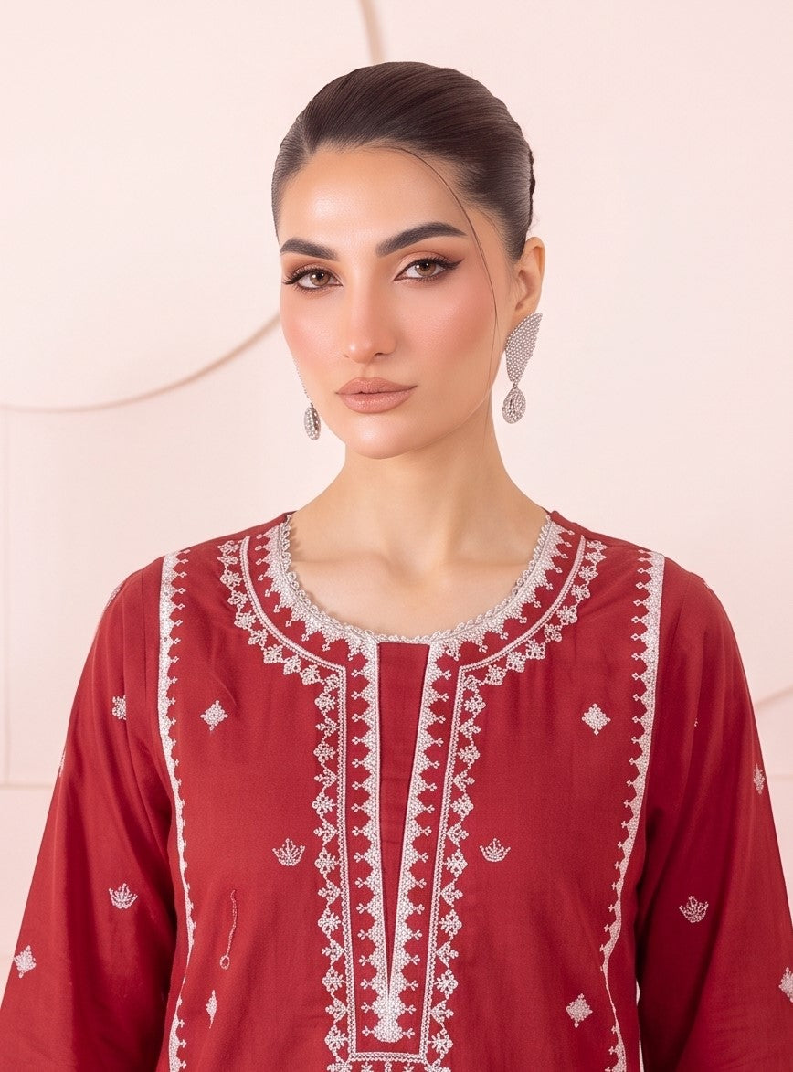 Ruby Red Embroidered 2-Piece Lawn Suit