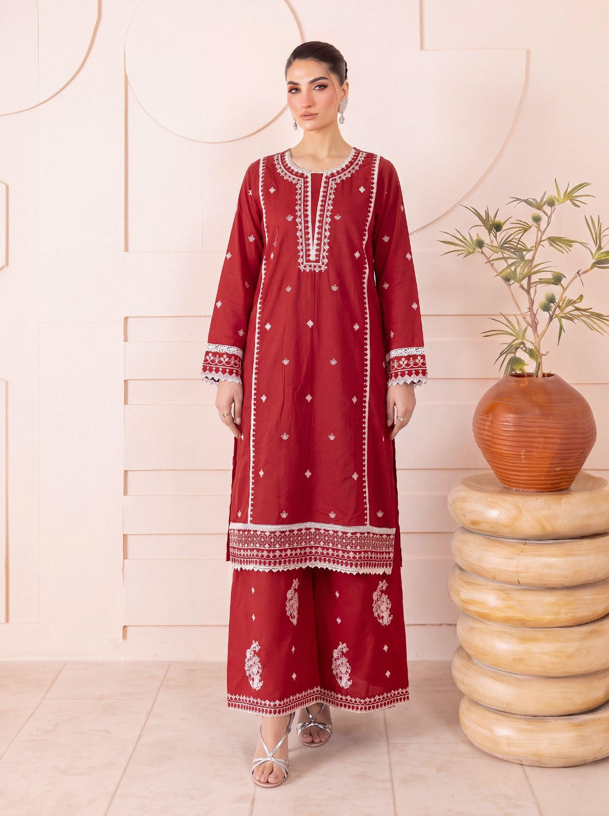 Ruby Red Embroidered 2-Piece Lawn Suit