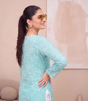 Ocean Blue Printed 2-Piece Lawn Suit with White Trousers