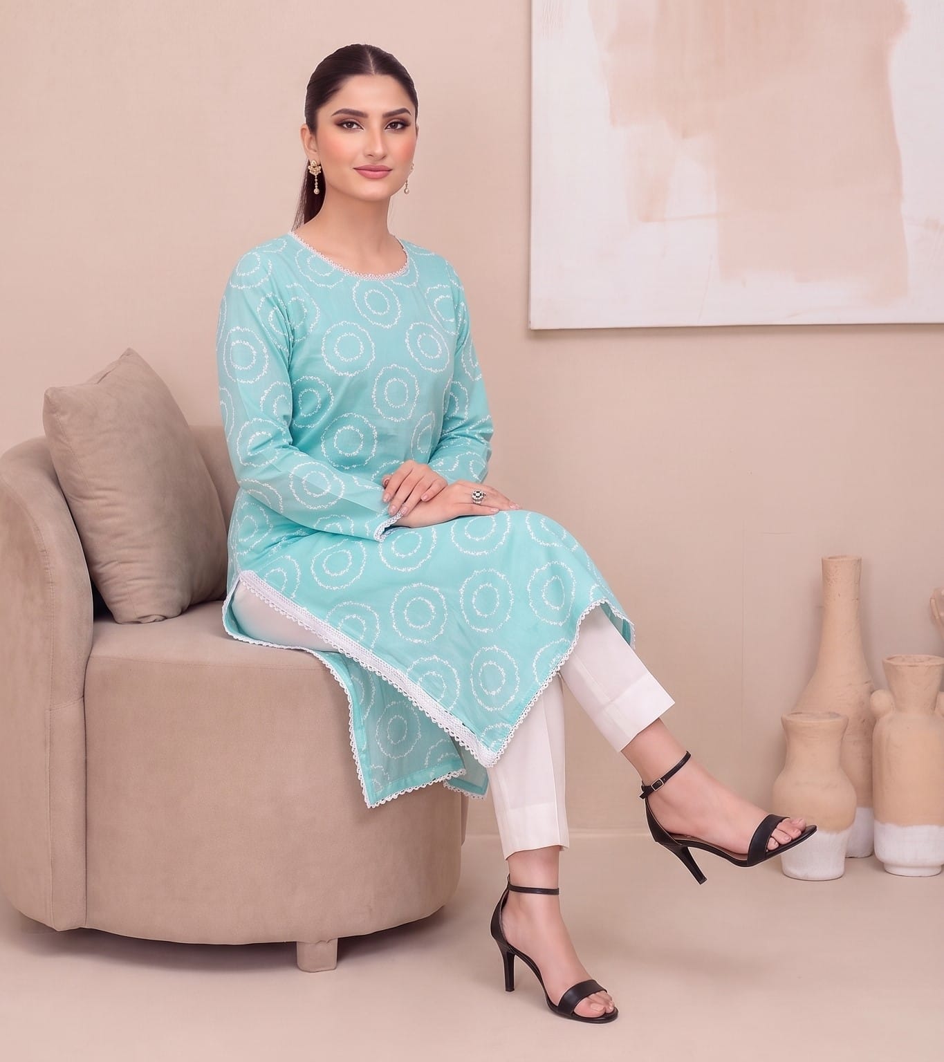 Ocean Blue Printed 2-Piece Lawn Suit with White Trousers