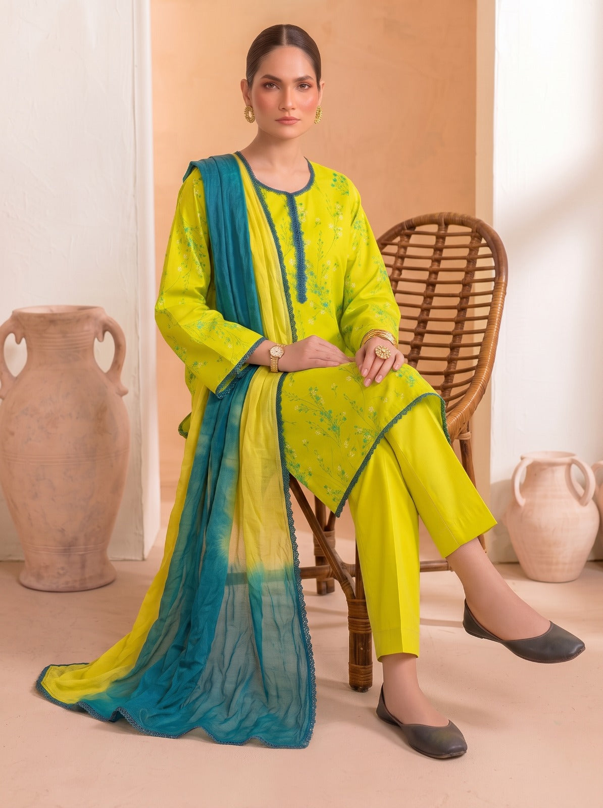 Lime Modern Floral Printed 3-Piece Lawn Suit with Chiffon Dupatta