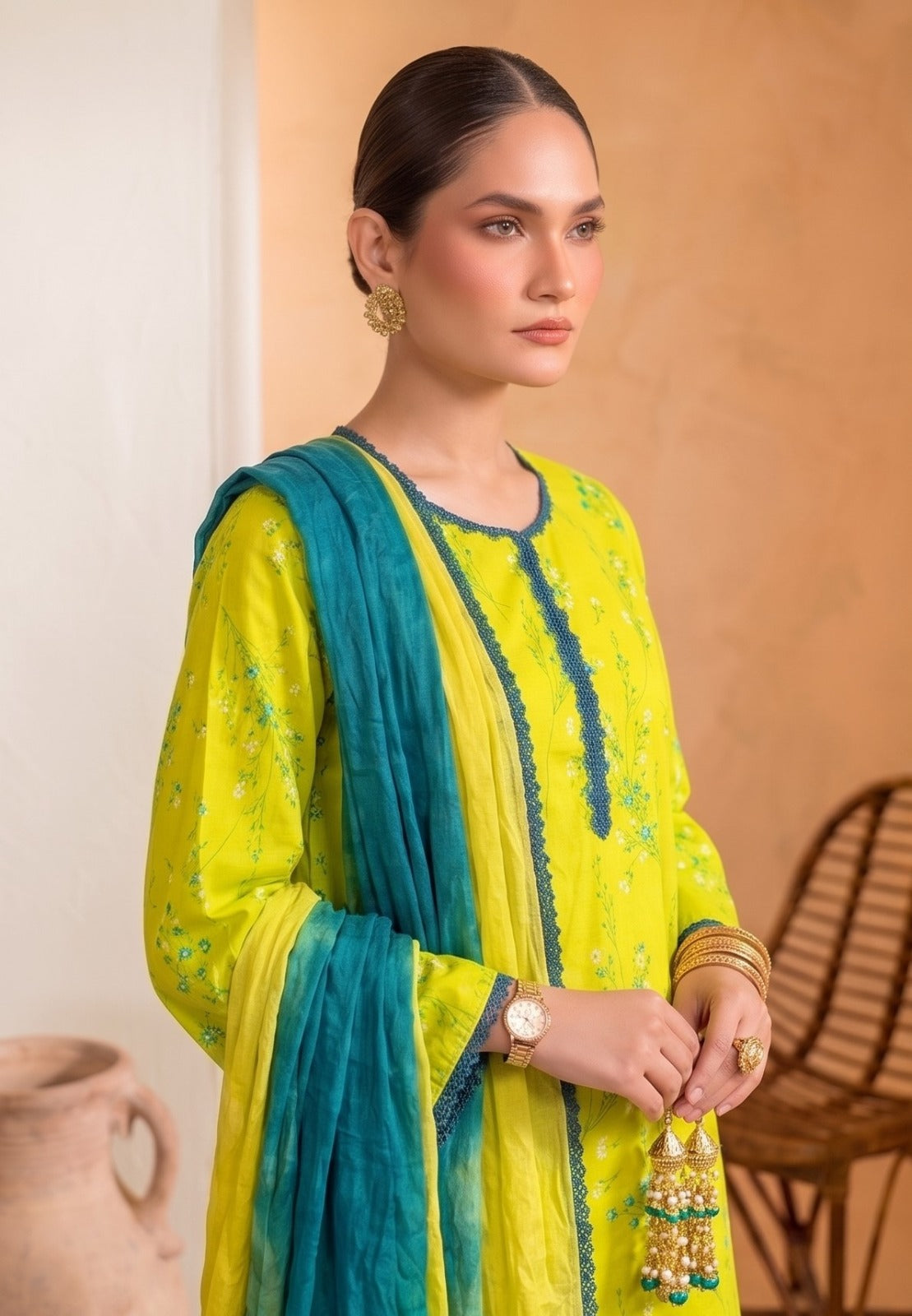 Lime Modern Floral Printed 3-Piece Lawn Suit with Chiffon Dupatta