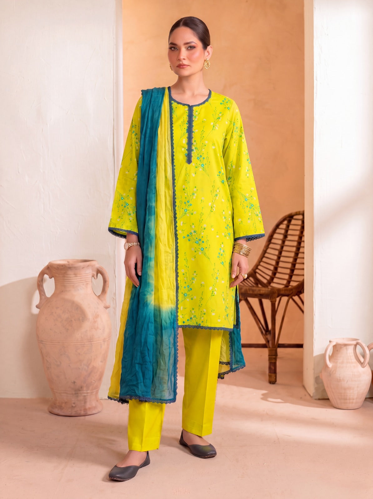 Lime Modern Floral Printed 3-Piece Lawn Suit with Chiffon Dupatta