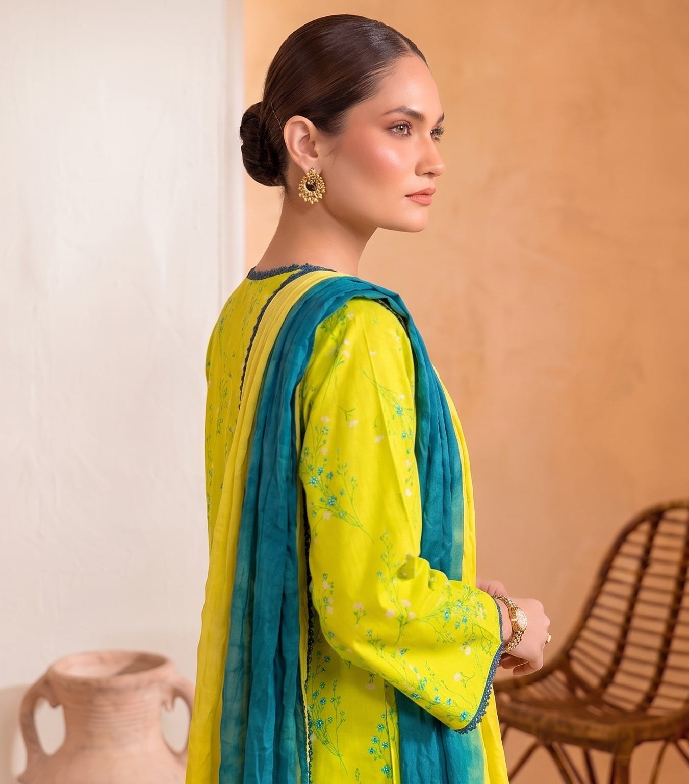 Lime Modern Floral Printed 3-Piece Lawn Suit with Chiffon Dupatta