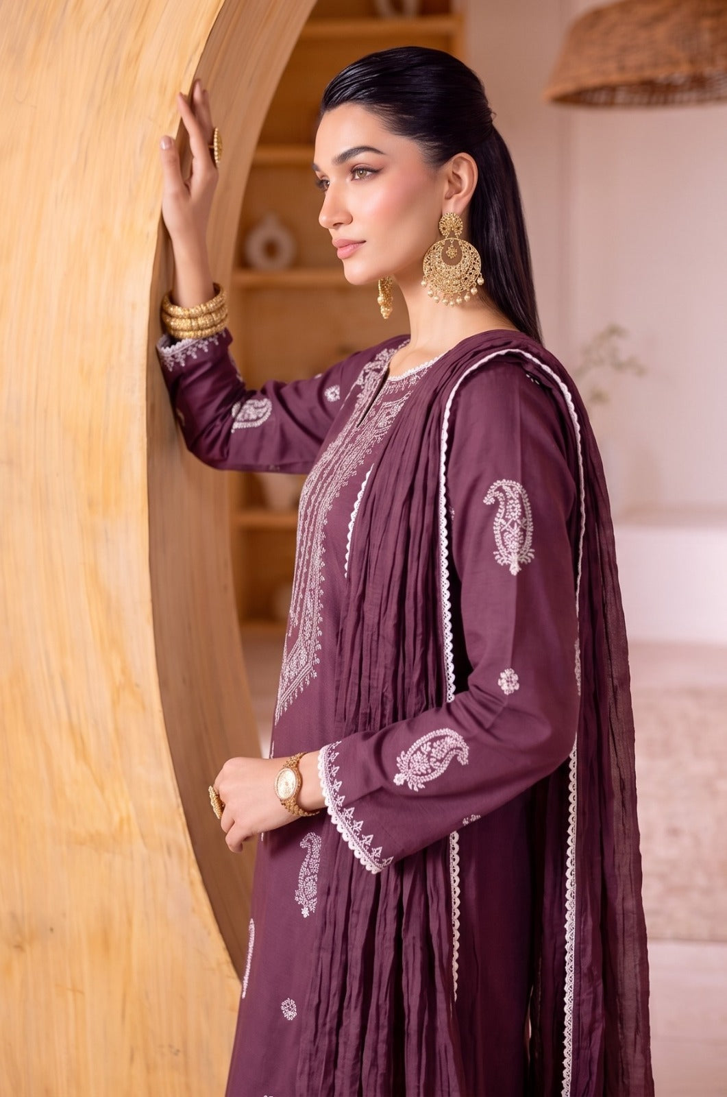 Premium Embroidered 3-Piece Lawn Dress Deep Burgundy
