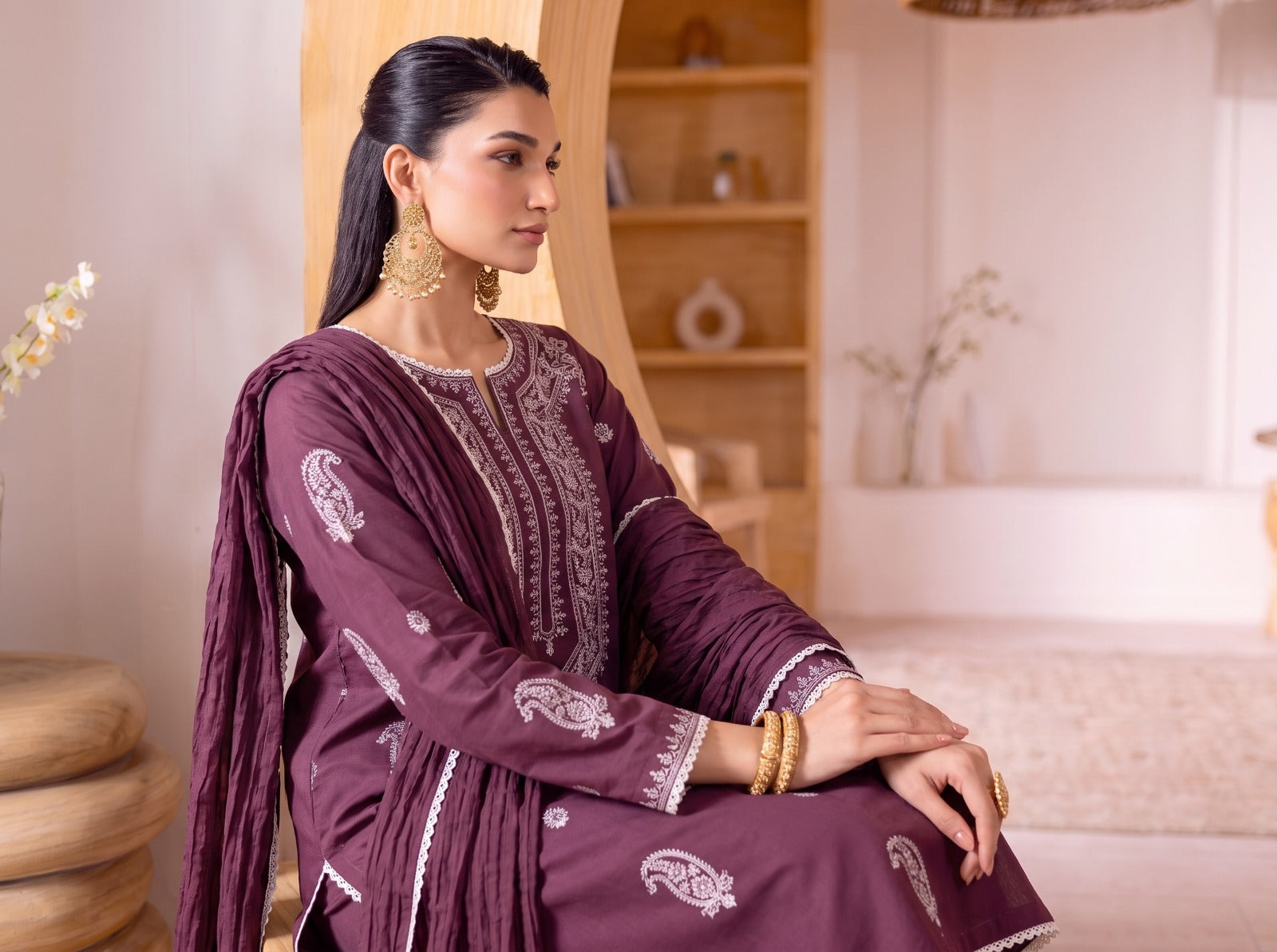 Premium Embroidered 3-Piece Lawn Dress Deep Burgundy