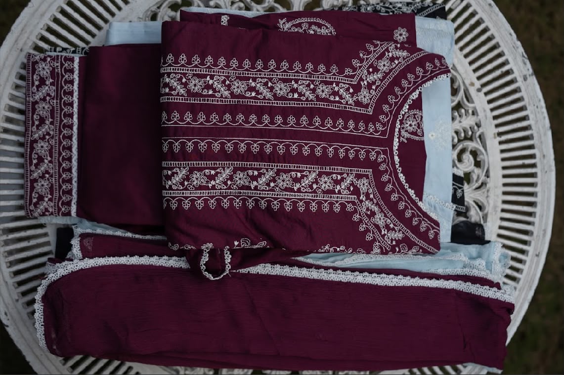 Premium Embroidered 3-Piece Lawn Dress Deep Burgundy