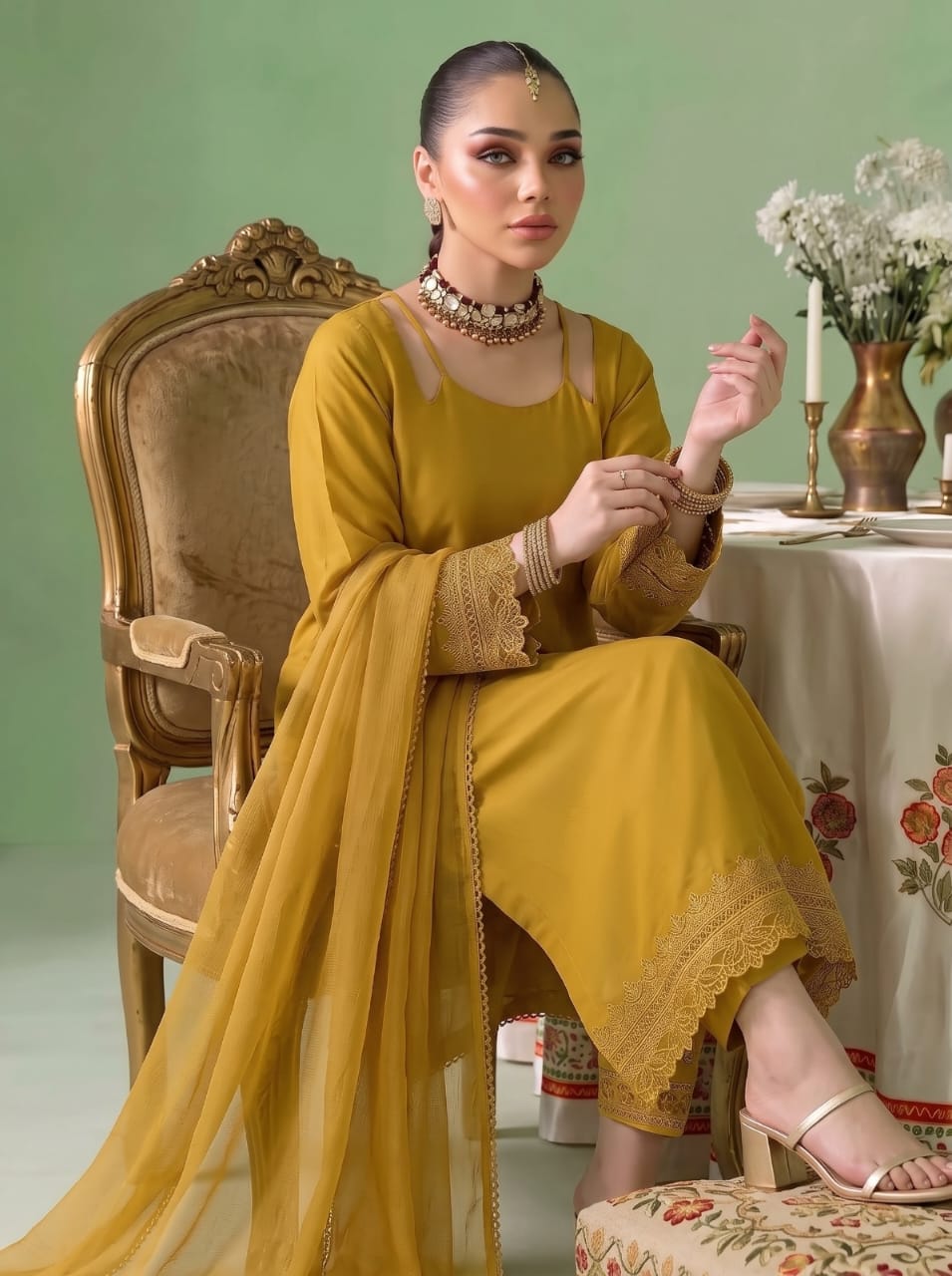 Golden Mustard – Solid Lawn Cotton 3-Piece with Chiffon Dupatta